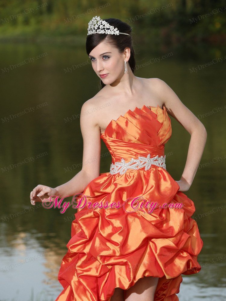 Latest High-Low Orange Red Beaded Waistband Celebrity Dresses