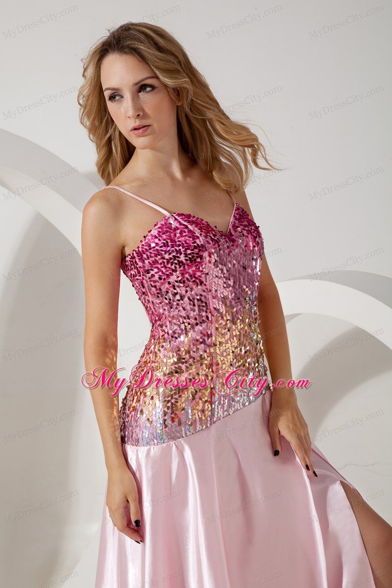 Baby Pink Straps Celebrity Dresses Brush Train Sequin with High Slit