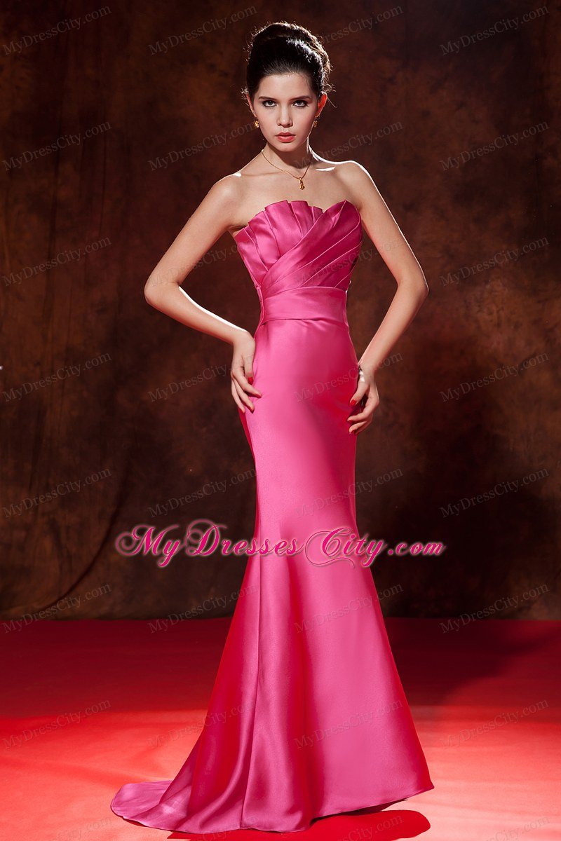 Hot Pink Mermaid Strapless Prom Dress with Brush Train Ruches
