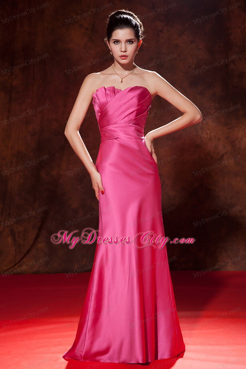 Hot Pink Mermaid Strapless Prom Dress with Brush Train Ruches