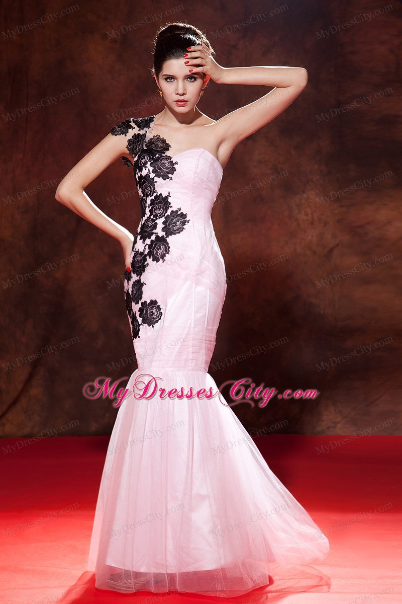Mermaid One Shoulder Prom Dress Baby Pink with Embroidery