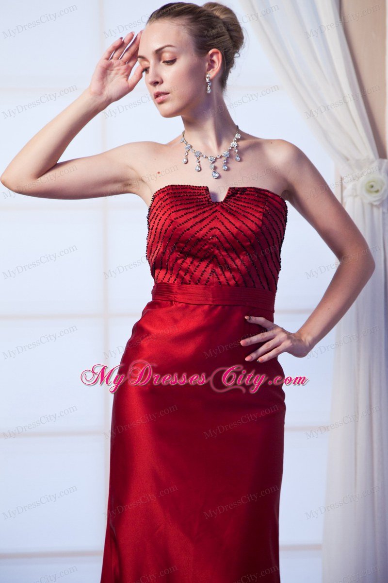 Wine Red Strapless Prom Dress with Beading Brush Train
