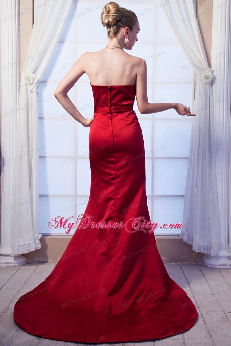 Wine Red Strapless Prom Dress with Beading Brush Train