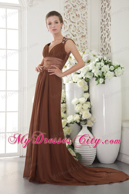 V-neck Brush Train Chiffon Brown Prom Dress with Beading