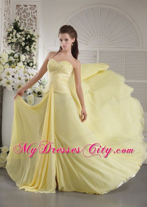 Beaded Sweetheart Prom Dress Brush Train Light Yellow