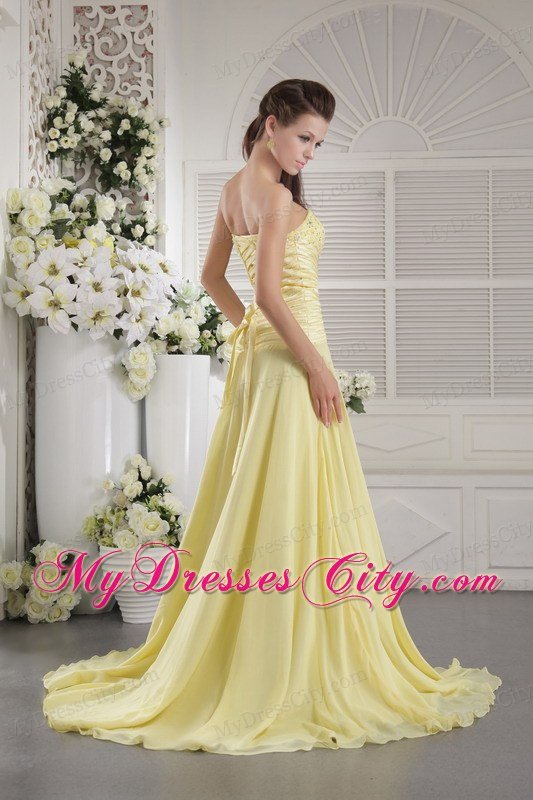 Beaded Sweetheart Prom Dress Brush Train Light Yellow