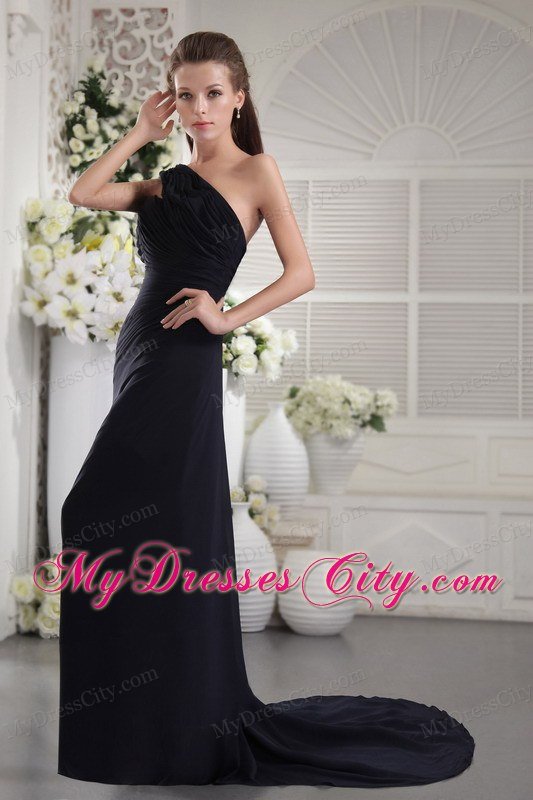 Black One Shoulder Brush Train Prom Dress with Cool Back