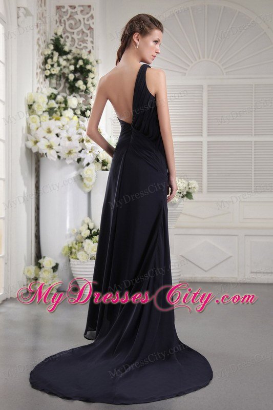 Black One Shoulder Brush Train Prom Dress with Cool Back
