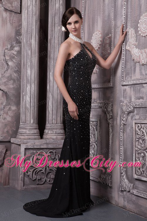 Black Jeweled Halter Celebrity Dress with Brush Train