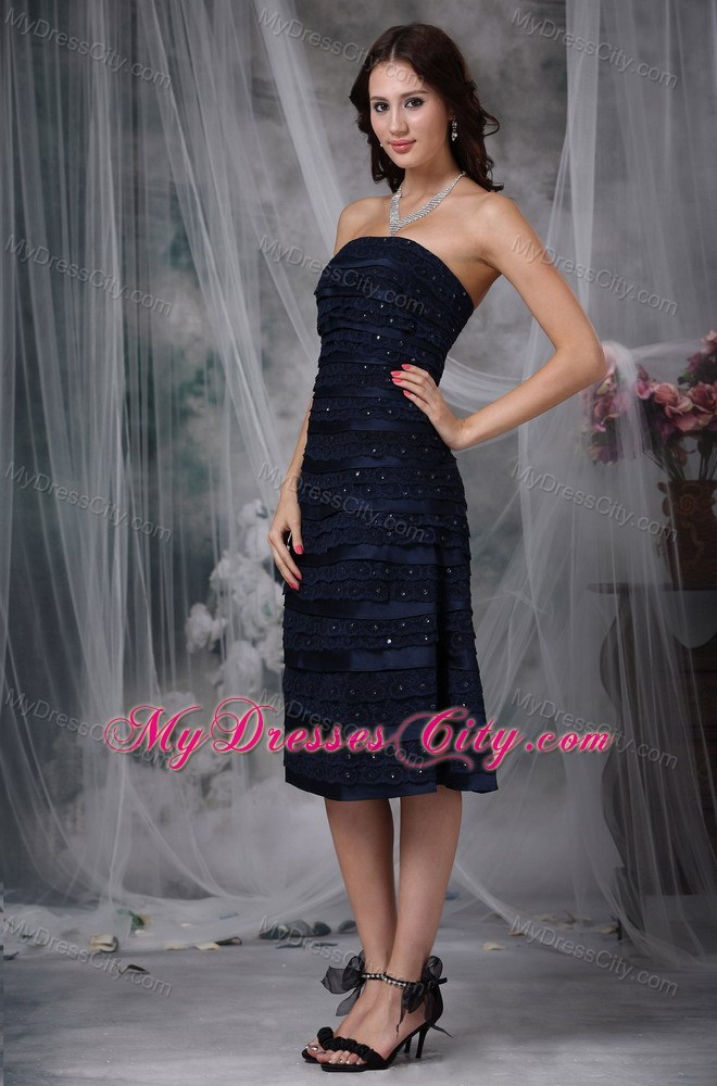 Fitted Navy Blue Strapless A-line Knee-length Ruching Junior Bridesmaid Dress