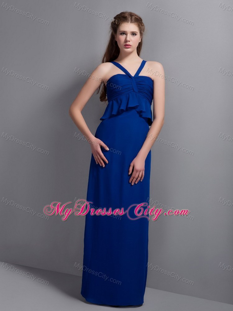 2013 Exclusive Unique Blue V-neck Chiffon Bridesmaid Dress Floor-length