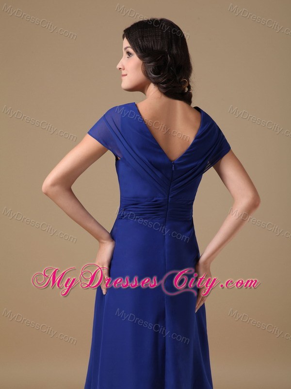 Royal Blue Chiffon A-line V-neck Ruched Maid of Honor Dress Knee-length
