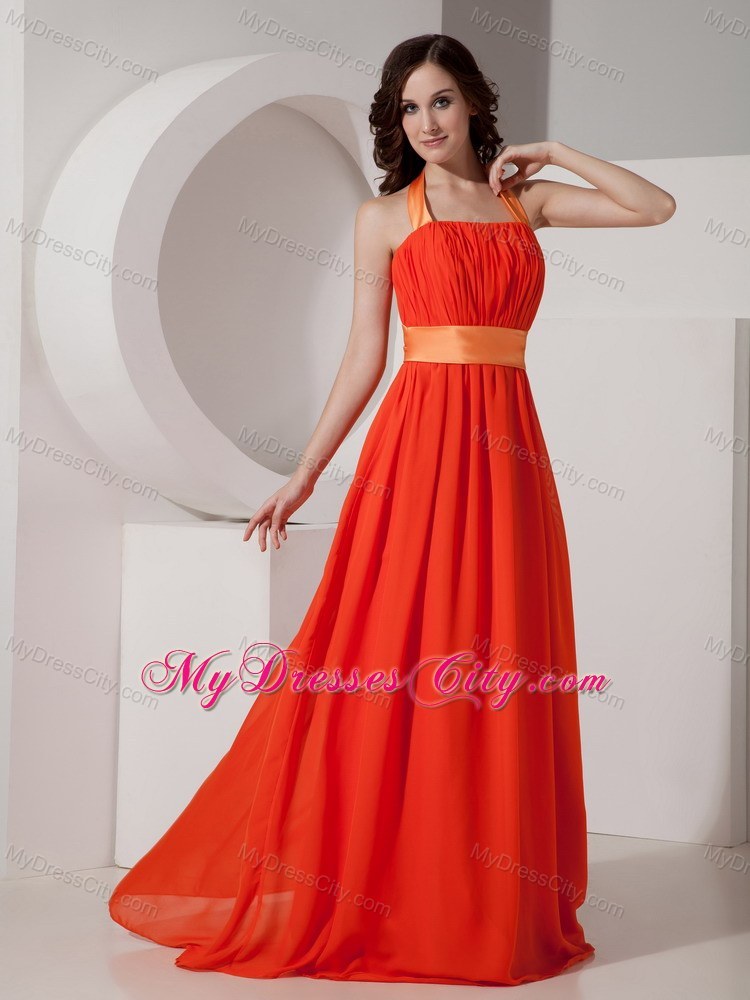 Orange Red Halter Top Ruched Empire Chiffon Bridesmaid Dress with Ribbon
