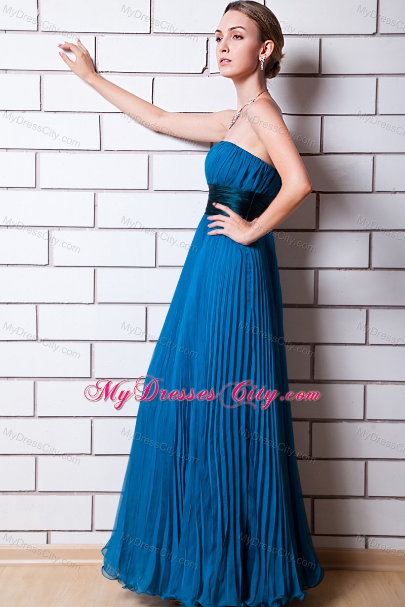 Blue Empire Strapless Pleated Organza Bridesmaid Dress Floor-length with Blet