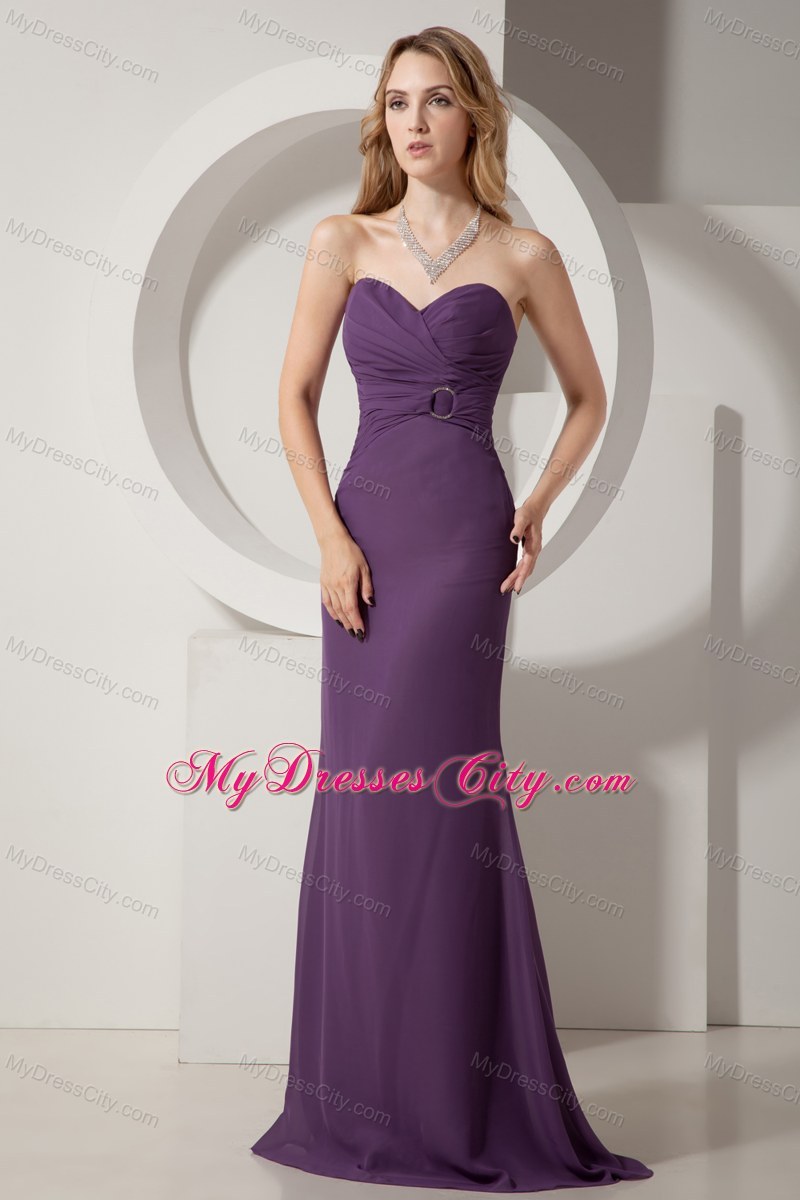 Dark Purple Chiffon Sheathy Sweetheart Brush Train Ruched Prom Dress