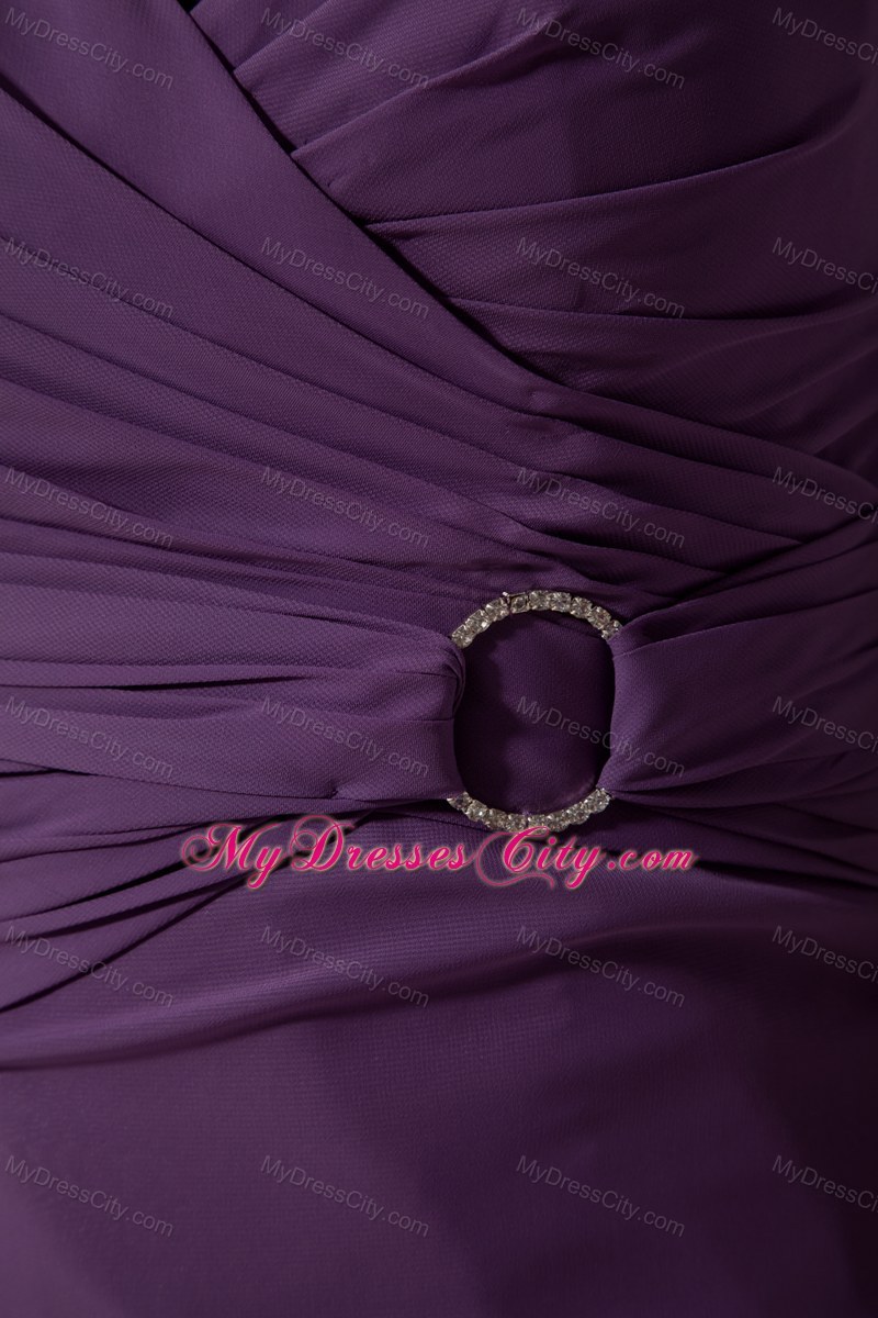 Dark Purple Chiffon Sheathy Sweetheart Brush Train Ruched Prom Dress