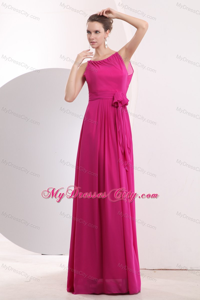 Modest Hot Pink Empire Bateau Bridesmaid Dress with Sash