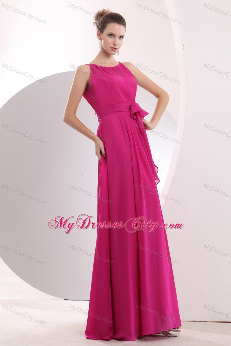 Modest Hot Pink Empire Bateau Bridesmaid Dress with Sash