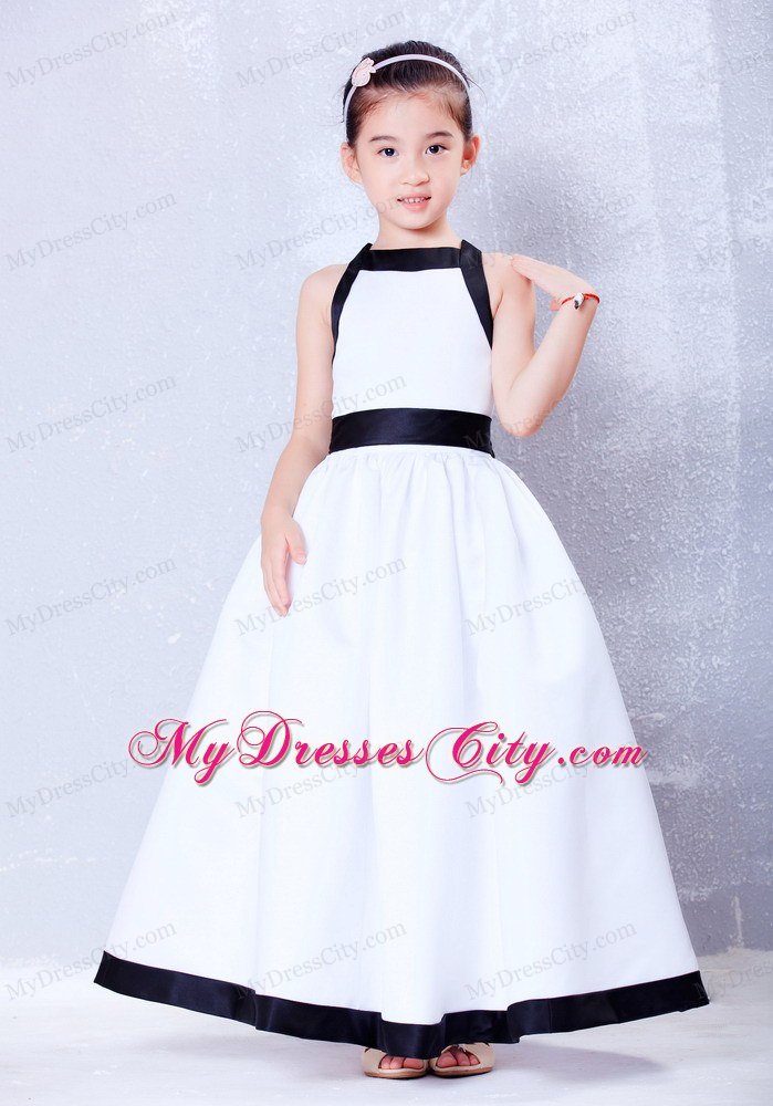 White and Black Square Ankle-length Flower Girl Dress Bow Accent
