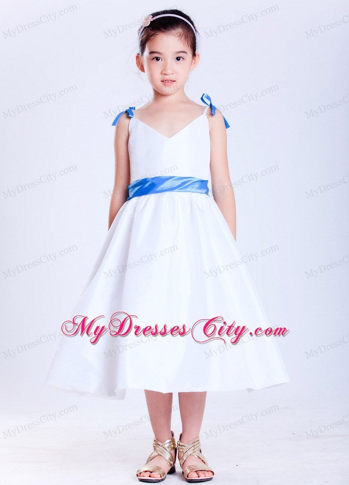 White and Blue A-line V-neck Tea-length Flower Girl Dress with Bows