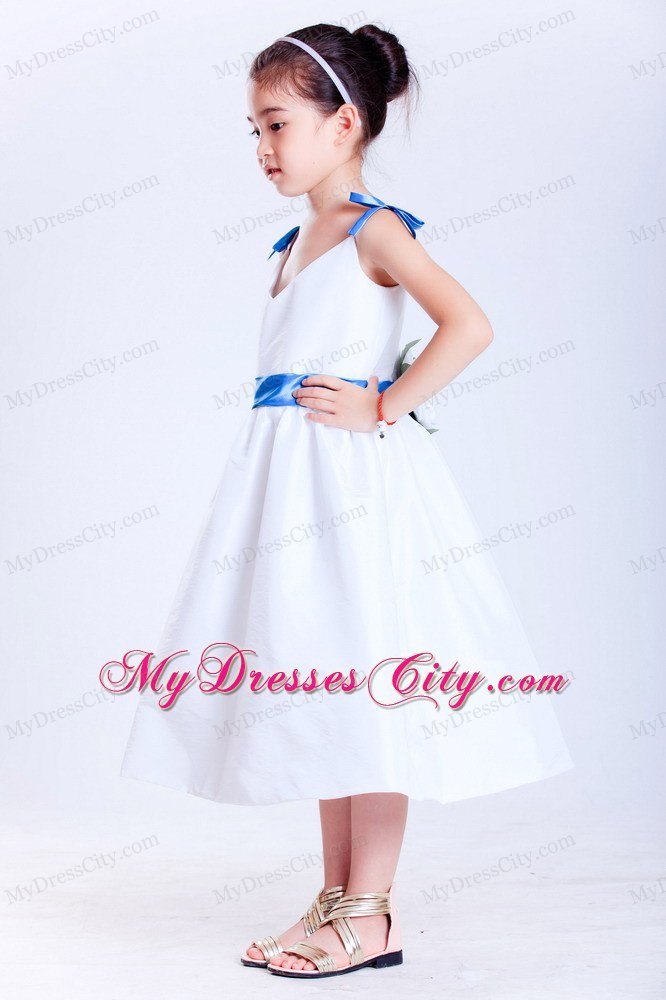 White and Blue A-line V-neck Tea-length Flower Girl Dress with Bows