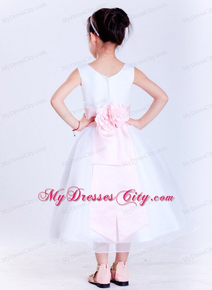 White and Pink Scoop Tea-length Flower Decorate Flower Girl Dress