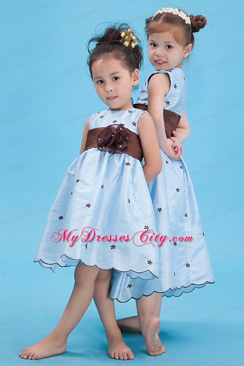 Baby Blue Scoop Neckline Appliques and Belt Decorate Flower Girl Dress