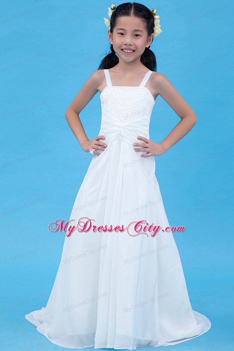 White Straps for A-line Chiffon Flower Girl Dress Embroidery Decorate