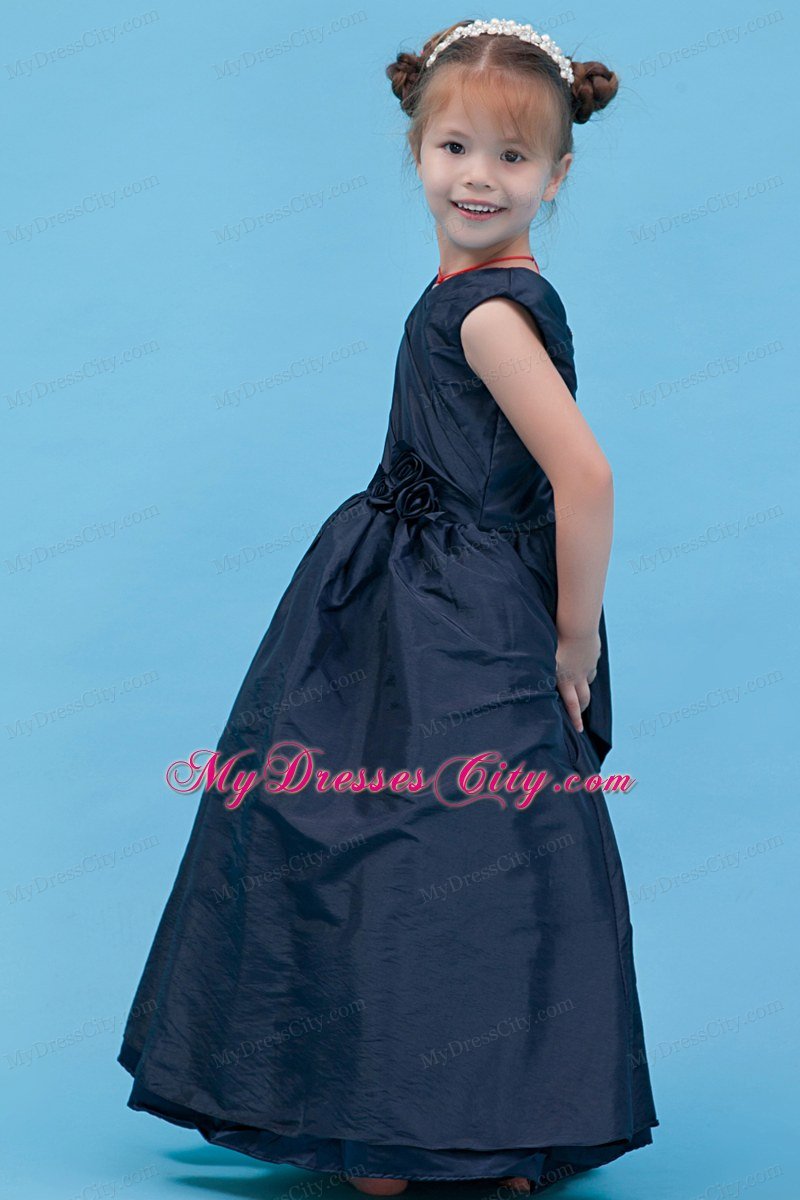 Navy Blue A-line Floor-length Flower Girl Dress V-neck Style With Flowers