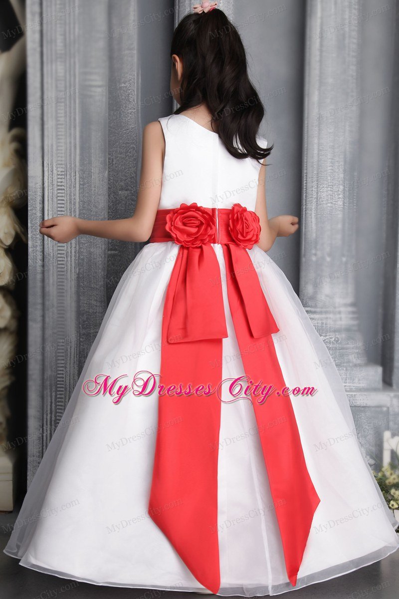 Princess Scoop Floor-length Flower Girl Dress Red Belt Accent