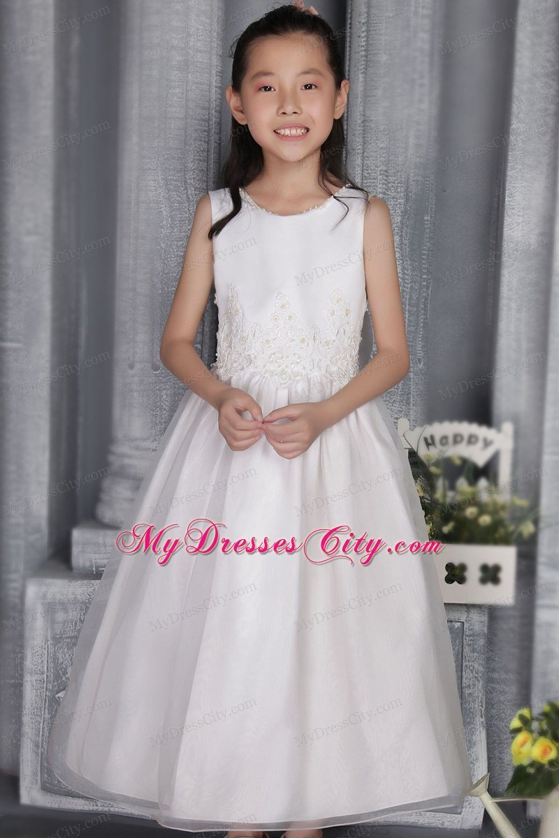 A-line Ankle-length Scoop and Appliques Designed Flower Girl Dress