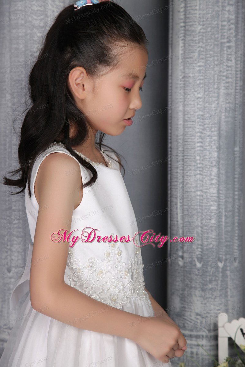 A-line Ankle-length Scoop and Appliques Designed Flower Girl Dress