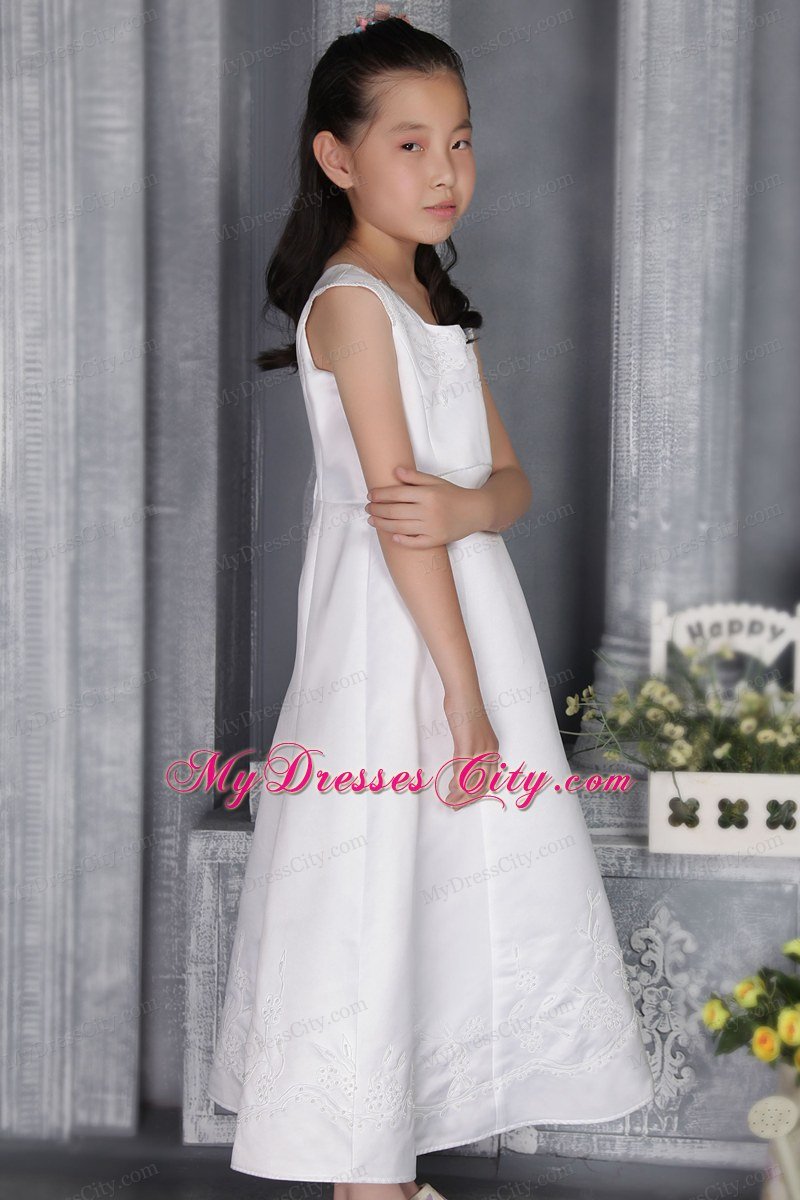 White A-line Square floor-length Flower Girl Dress Embriodery Decorate