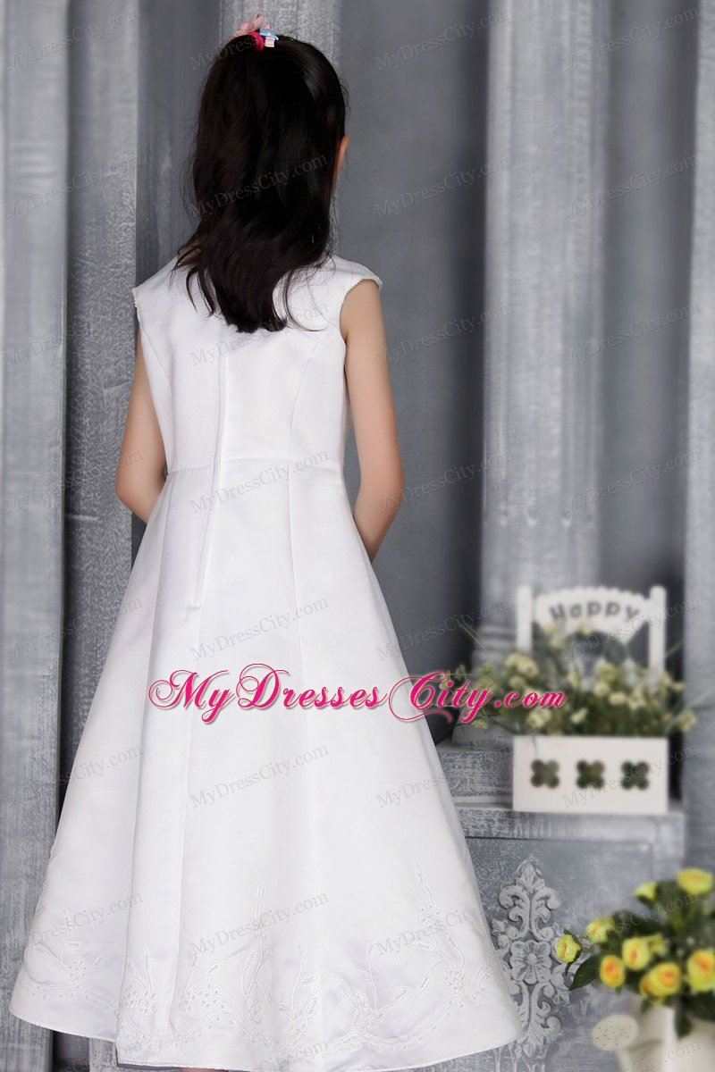 White A-line Square floor-length Flower Girl Dress Embriodery Decorate