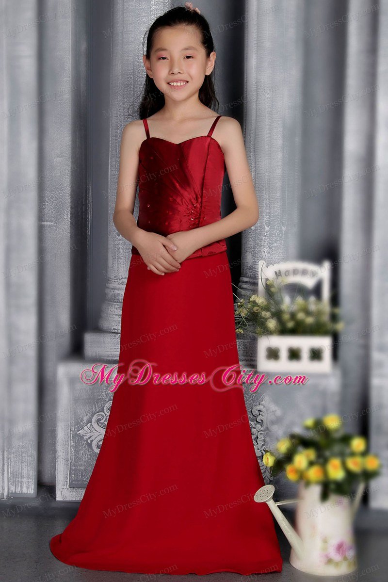 Straps Beading and Ruche Decorate Wine Red Column Flower Girl Dress