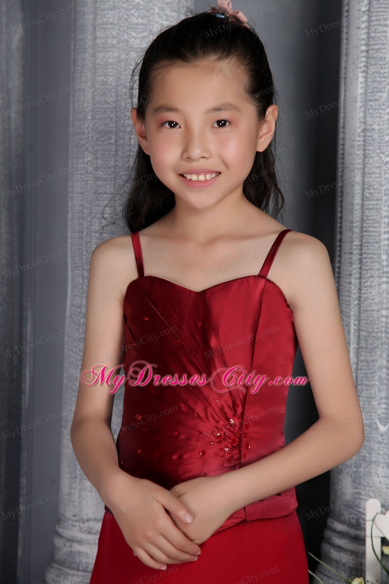 Straps Beading and Ruche Decorate Wine Red Column Flower Girl Dress
