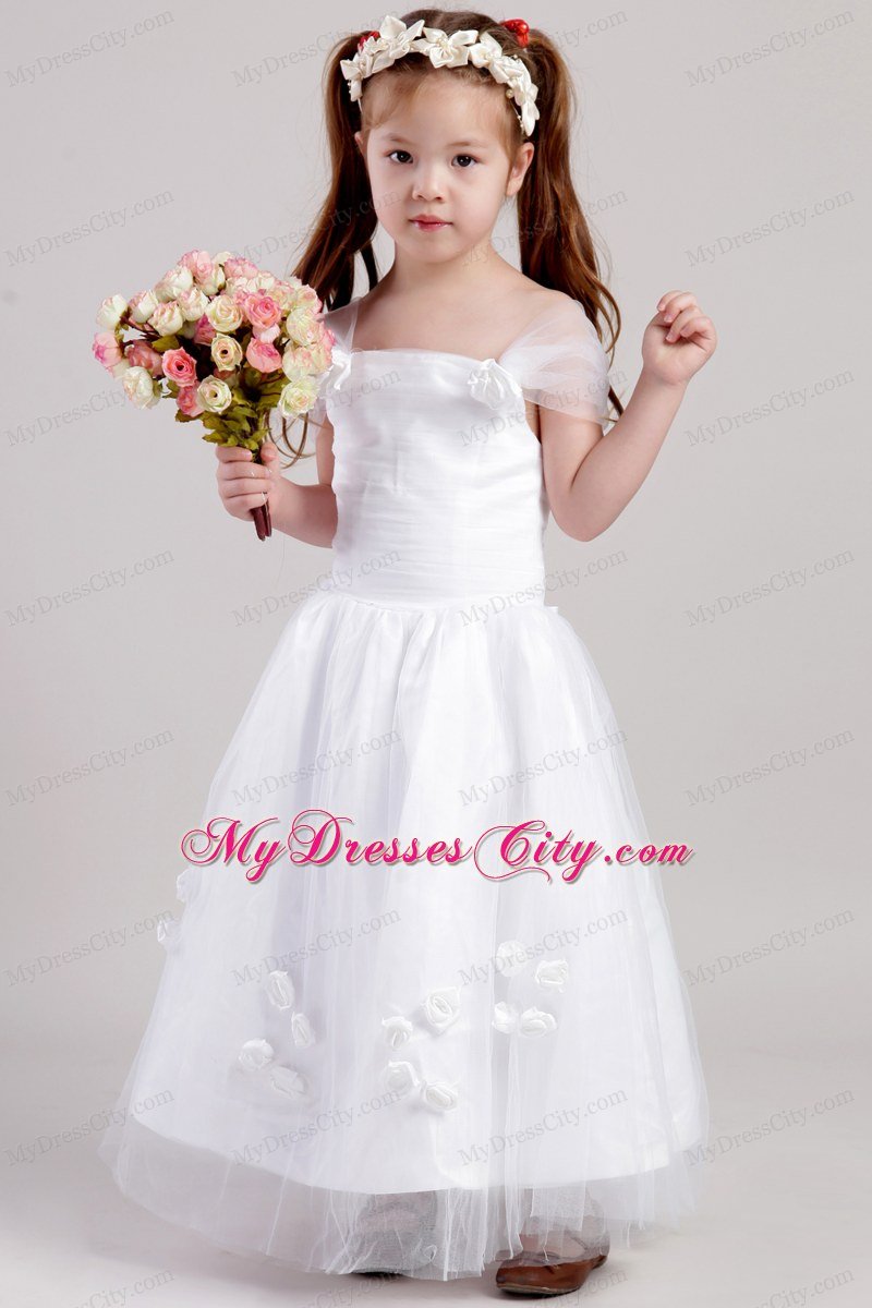 Straps and Flowers Accented Flower Girl Dress A-line Ankle-length Style