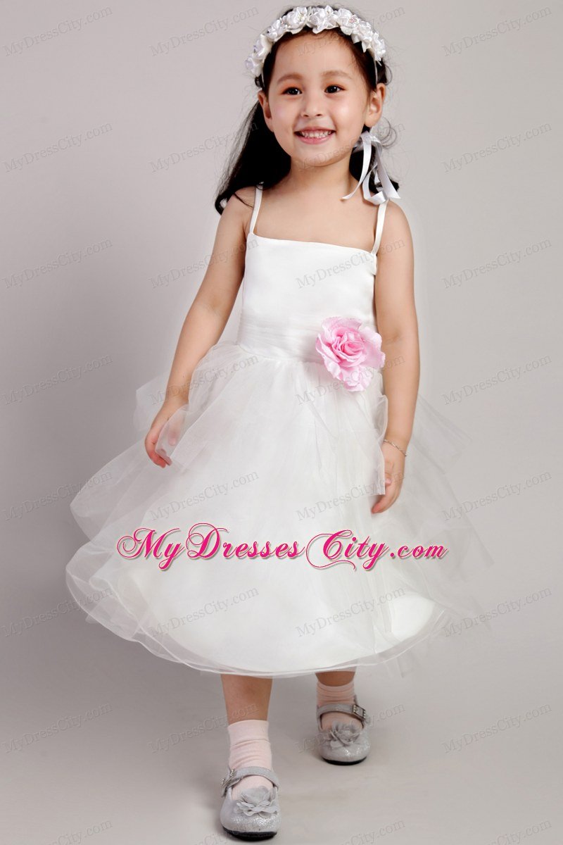 Hand Made Flower and Straps Decorate White Tea-length Little Girl Dress