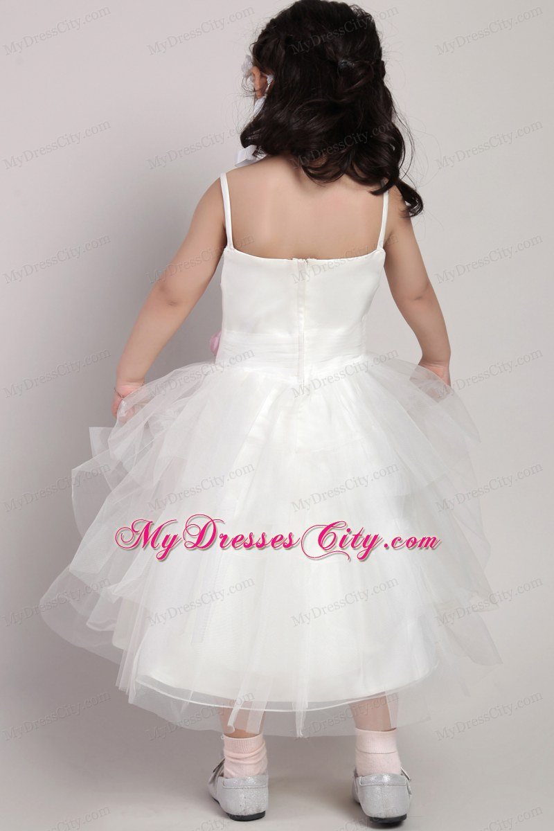 Hand Made Flower and Straps Decorate White Tea-length Little Girl Dress