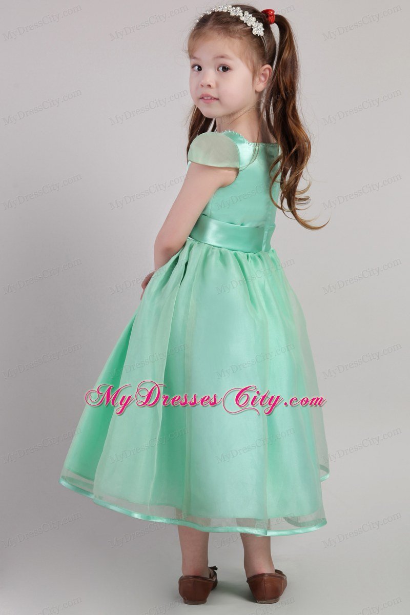 Apple Green A-line Belted Little Girl Dress with Square Neckline