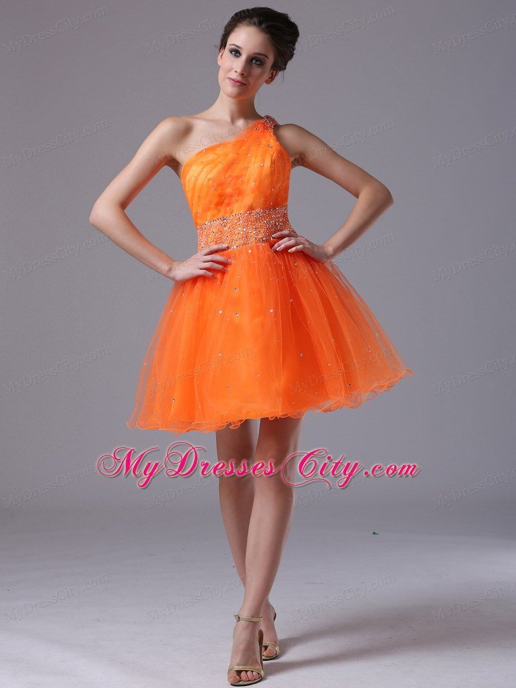 Beading Decorate One Shoulder Mini-length Orange Homecoming Dress