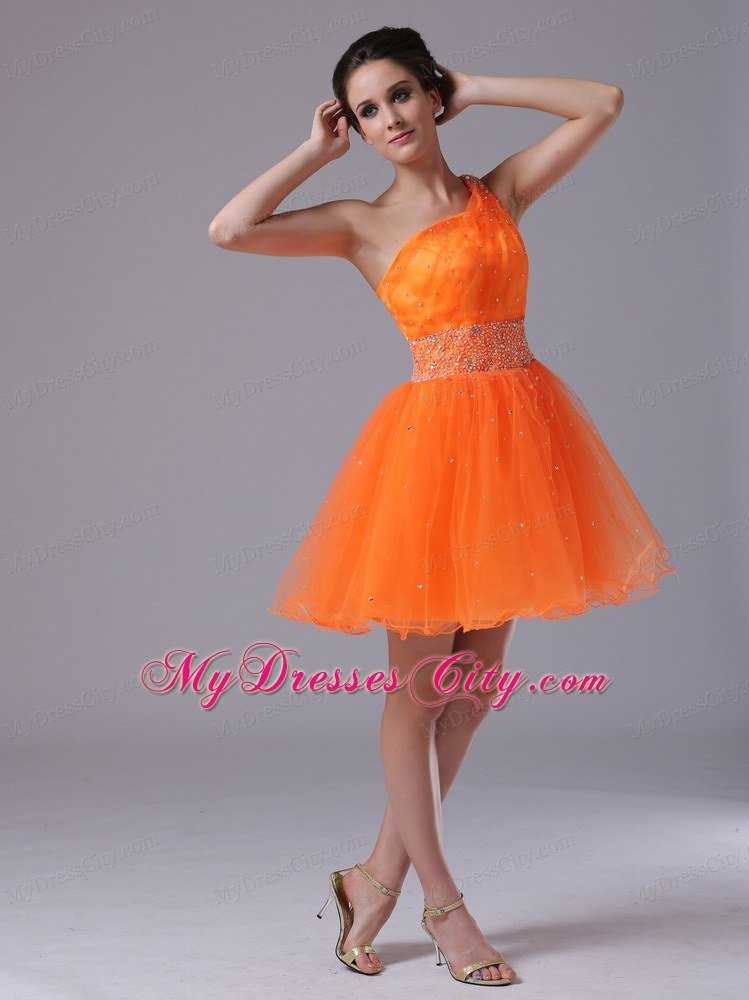 Beading Decorate One Shoulder Mini-length Orange Homecoming Dress