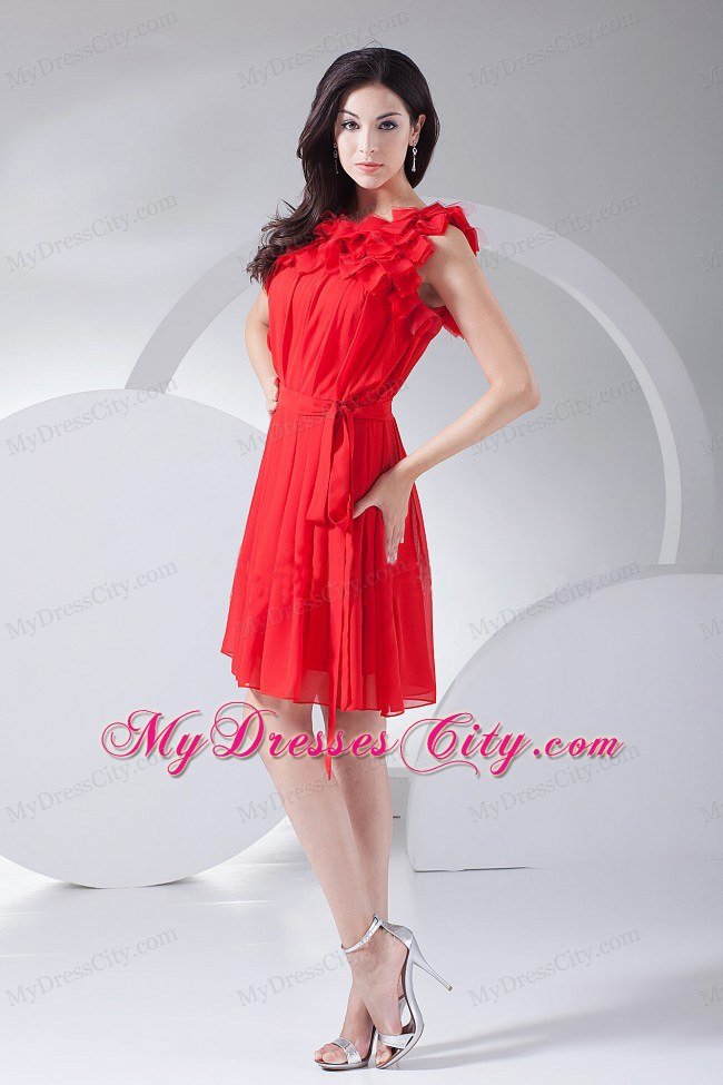 Flowers Decorate Red Chiffon Homecoming Dress Knee-length Style