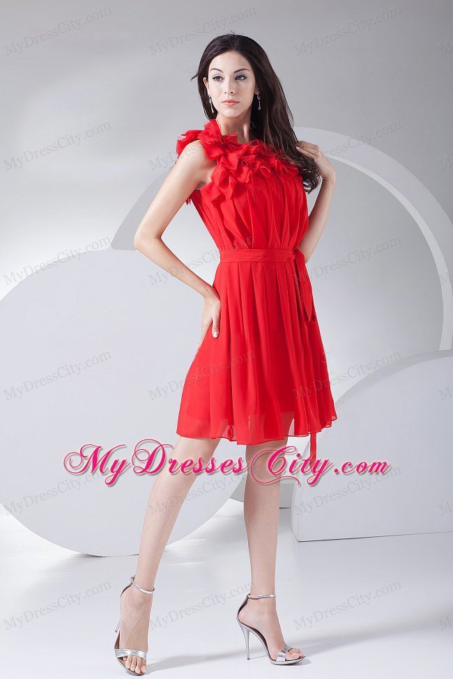 Flowers Decorate Red Chiffon Homecoming Dress Knee-length Style