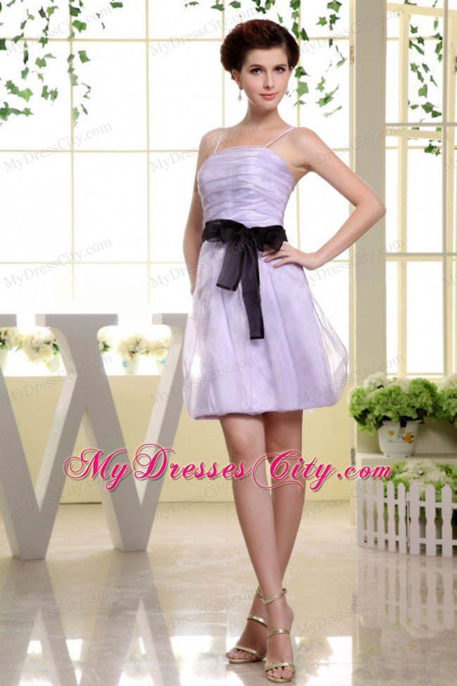 Short Lilac Prom Dress with Spaghetti Straps and Black Sash