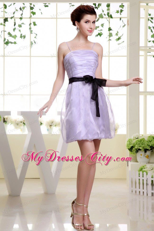 Short Lilac Prom Dress with Spaghetti Straps and Black Sash