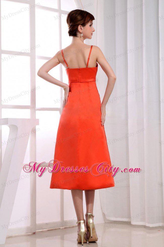 Spaghetti Straps Tea-length Orange Red Prom Dress Taffeta