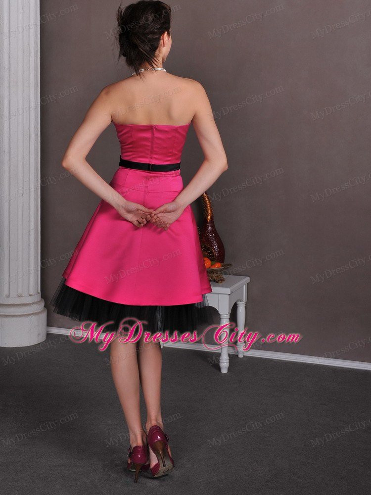 Hot Pink Knee-length Strapless Homecoming Dress in Satin Sashed