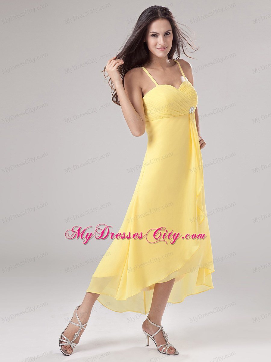 Chiffon Ruche Spaghetti Straps Beaded Homecoming Dress in Yellow