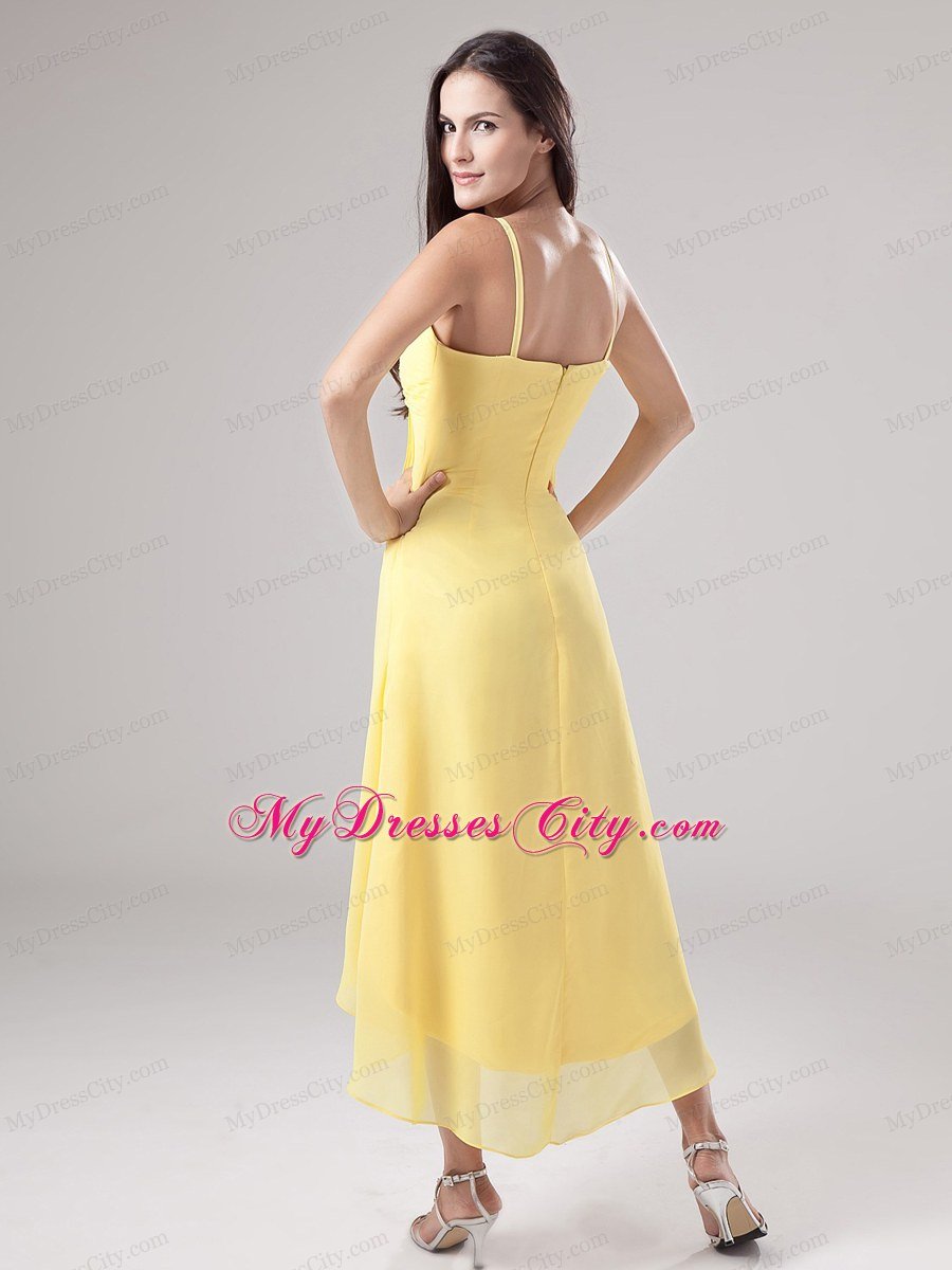 Chiffon Ruche Spaghetti Straps Beaded Homecoming Dress in Yellow